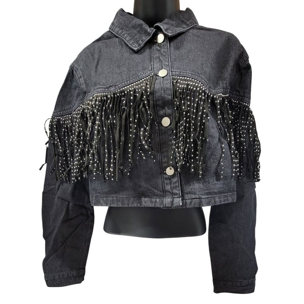 Baevley Crop Denim Jacket Black With Studded Fringe Womens Med New in Bag